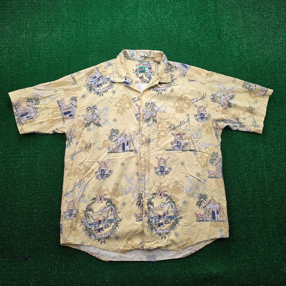Vintage‎ Johnny Cotton Hawaiian Camnp Shirt Mens Large Yellow Island Golf Beach